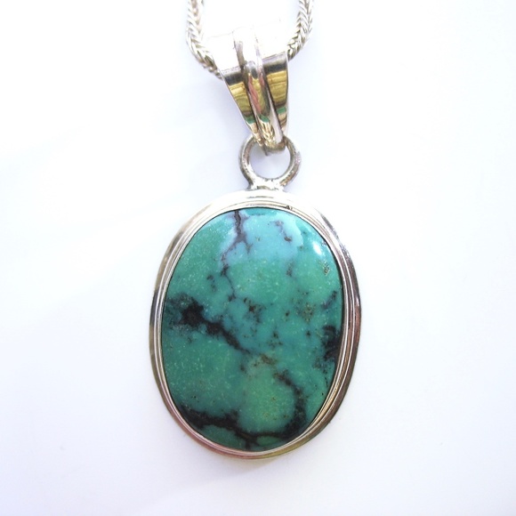 Turquoise Sterling Slide Pendant, 925 Rope Chain - Picture 4 of 7